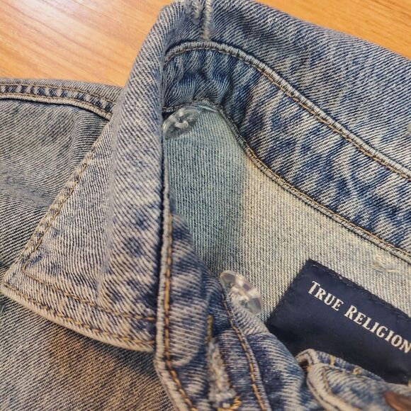 TRUE RELIGION Jeans Denim Jacket Womens Medium Distressed Grunge Boxy oversized - Picture 8 of 13